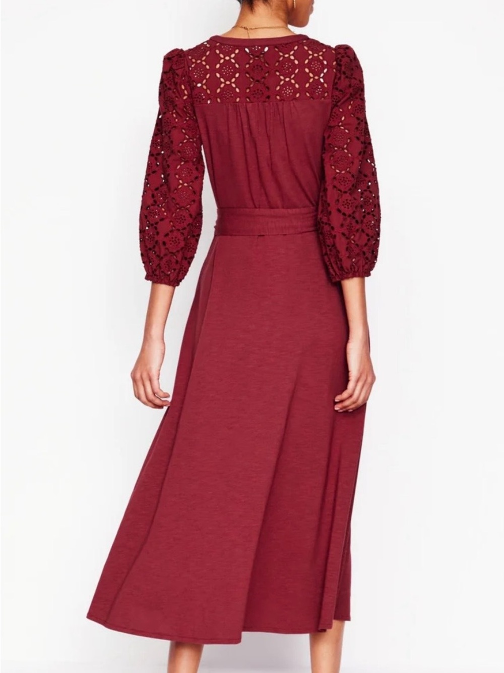 Boden Eden Broderie Jersey Dress—Burgundy Eyelet Detail Midi with Belt, NWOT - Picture 4 of 10